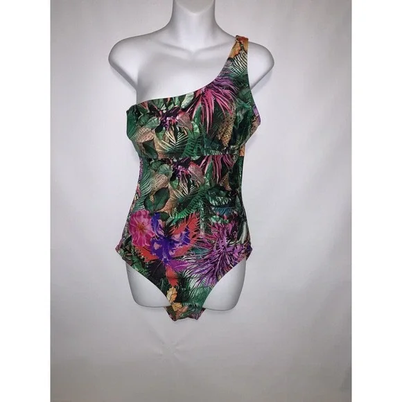 Jantzen One Piece Swimsuit Women’s Size 10 Tropical One Shoulder - Picture 2 of 5